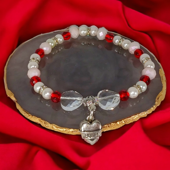 Pearl & Red Gem Sparkly Bracelet with Heart Charm Lovecore Romantic Americana - Picture 1 of 10